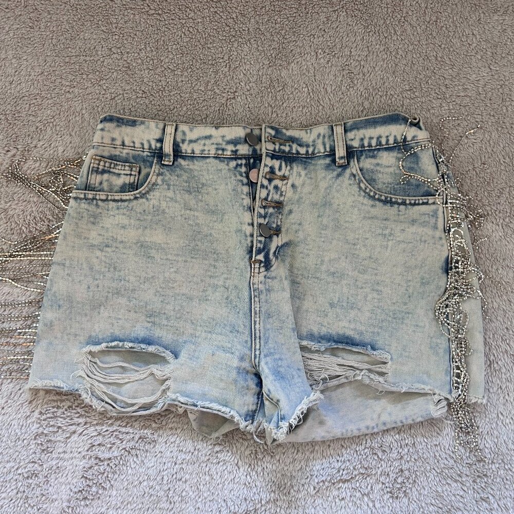 ​​Women’s Rhinestone Fringe Distressed Denim Shorts – Nashville Boutique Style